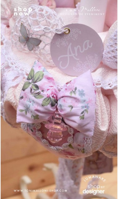 Lumanare de botez cu ursuleti roz, dantela roz si pattern floral cu trandafiri Teddy Bear Pink 6